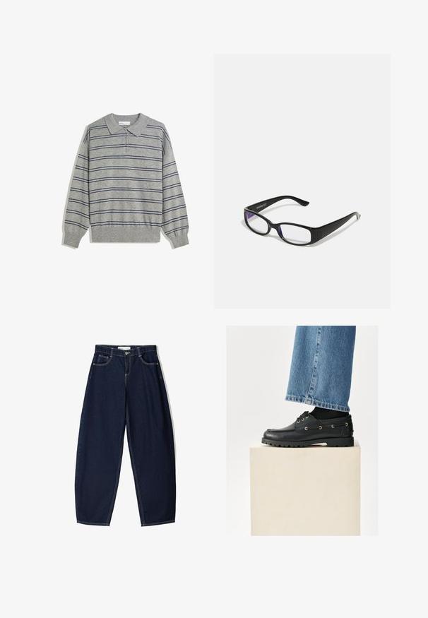 Siv dolgi rokavi polo pulover s ovratnikom, ki ima mornarsko modre vodoravne črte in gumbasto zapiranje na ovratniku. Mehka tekstura.; Temno modre kavbojke s širokim krojem, ki vključujejo pet žepov, kontrastni šivi in zadrgo na sprednji strani.; Črne usnjene čevlje z zaobljenim nosom, vezalkami in zlatimi luknjami. Trpežen podplat. Oblečeni so z modrimi jeans hlačami, ki malo prekrivajo čevlje.; Črne pravokotne očala z prozornimi lečami. Sijajna površina, ožje ročke in vijolična barva, vidna na robovih leč.; Srebrna ura iz nerjavečega jekla s kvadratno ohišjem, belo številčnico, analognim in digitalnim prikazom ter kovinskim linkovnim zapestjem. Vodoodporna zasnova.