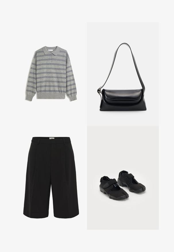 Szürke, hosszú ujjú polo pulóver, galléros nyakkal, melyet sötétkék vízszintes csíkok díszítenek, és gombos záródás található a nyaknál. Puha tapintású.; Part Two KAIRAPW - Rövidnadrágok - black; Fekete vízicipők rugalmas anyagból, tépőzárral, egyedülálló osztott orrdesignnal és texturált gumitalppal a tapadás érdekében.; Fekete bőr kézitáska, amelynek struktúrált formája, sima textúrája és egyetlen vállpántja van. Finom, lekerekített fedél kialakítással rendelkezik.