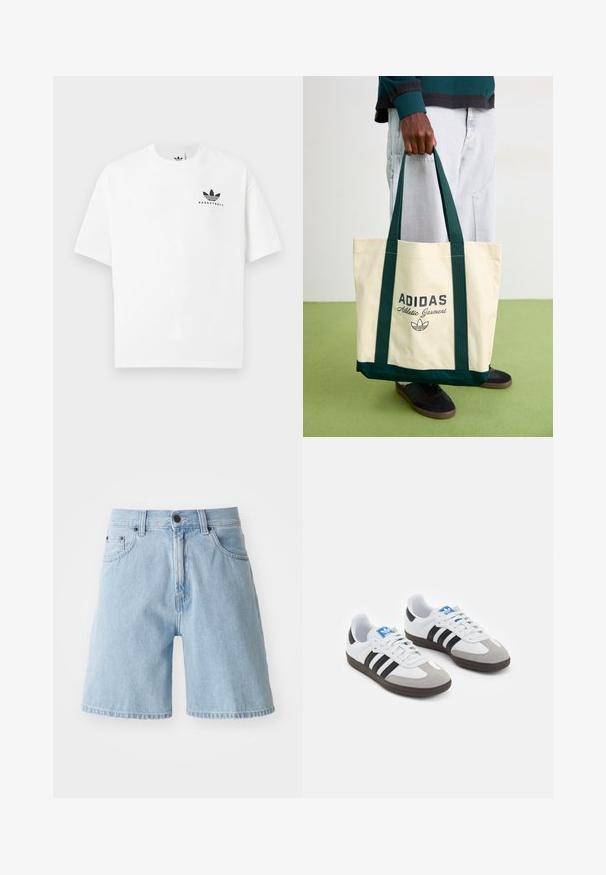 Hvid bomulds t-shirt med korte ærmer, der har et sort "BASKETBALL" logo og det ikoniske tre-stribes design på forsiden.; Lys-blå denimshorts med afslappet pasform, fem lomme-design og knaplukning i taljen; rå kant ved benene.; Sportsko med en overdel i hvid læder, grå ruskind på tåen og tre sorte striber. Har et blåt logo på tungen og en struktureret gummisål.; Person der holder en beige Adidas tote bag med mørkegrønne håndtag, iført lysegrå bukser og sorte sneakers på grøn gulv.