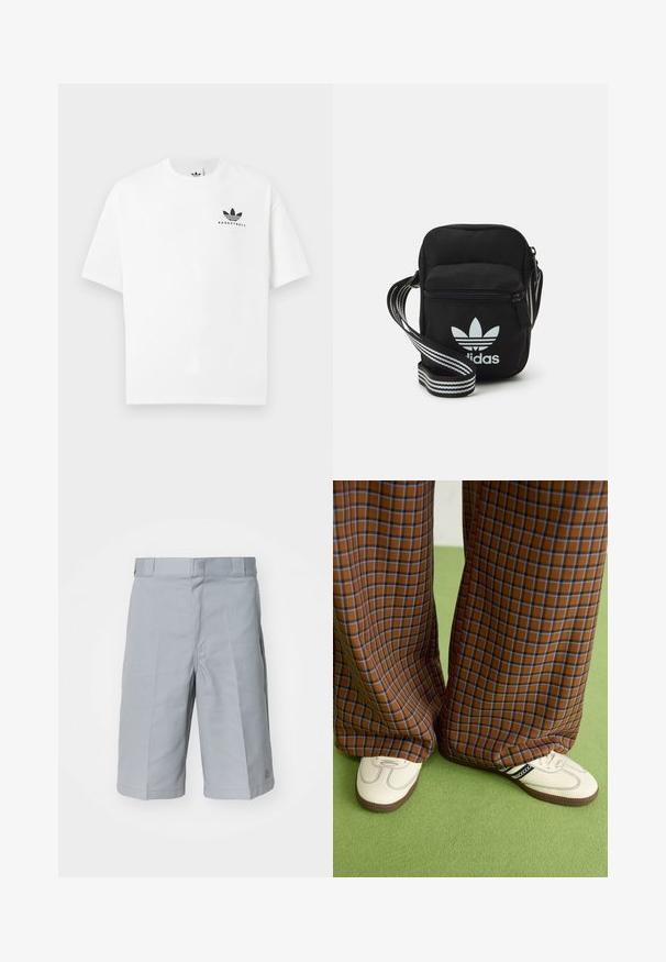 Bela bombažna majica s kratkimi rokavi, ki na sprednji strani vsebuje črn logotip "BASKETBALL" in ikoničen dizajn treh črt.; Svetlo sivi šortsi iz trpežnega materiala, s straight krojem, pasom z zankami in subtilnimi plisiranimi detajli.; Rjave in modre kariraste hlače širokih nogavic, v kombinaciji z belimi čevlji, ki imajo črne poudarke in teksturirane podplate, na zeleni podlagi.; Črna tkaninska torbica čez ramo z zadrgo, ki vsebuje belo Adidasovo logo in pridelano naramnico z več črtami za enostavno nošenje.