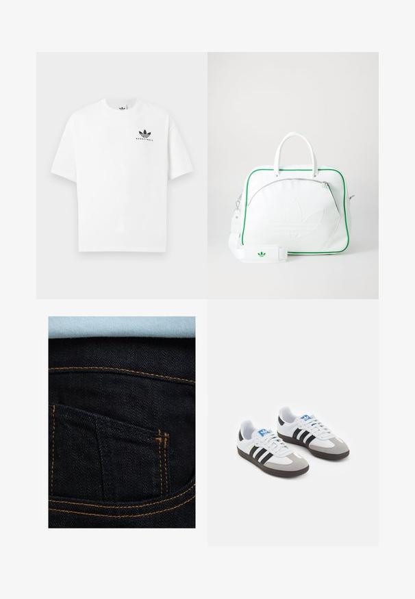 Weißes Baumwoll-T-Shirt mit kurzen Ärmeln, das ein schwarzes "BASKETBALL"-Logo und ein ikonisches Drei-Streifen-Design auf der Vorderseite aufweist.; Dunkelblaue Jeans aus Denim mit orangefarbenen Nähten, mit einer hinteren Tasche und einem hellblauen Hemd, das darüber sichtbar ist. Glatte Textur, klassisches Design.; Sportschuhe mit einem Obermaterial aus weißem Leder, grauer Wildleder-Zehenkappe und drei schwarzen Streifen. Sie verfügen über ein blaues Logo auf der Zunge und eine strukturierte Gummisohle.; Weiße Lederhandtasche mit grünen Akzenten, ausgestattet mit einem auffälligen geprägten Logo, zwei Griffen, einem abnehmbaren Schulterriemen und einer Reißverschlusstasche auf der Vorderseite.