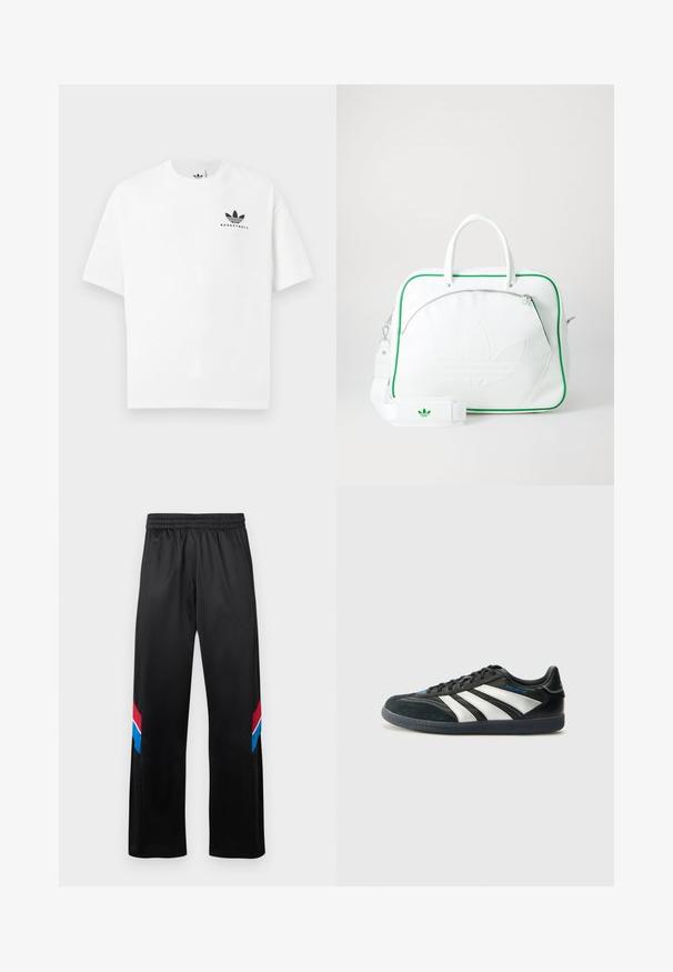 Biela bavlnená tričko s krátkymi rukávmi, s čiernym logom "BASKETBALL" a ikonickým trojprúžkovým dizajnom na prednej strane.; Čierne športové nohavice s elastickým pásom. Na vonkajších stranách sú červené a modré diagonálne pruhy. Hladká, ľahká tkanina.; adidas Performance PREDATOR FREESTYLE JUDE INDOOR FOOTBALL SHOES - Halové kopačky - core black/silver-coloured/glory blue; Bielo-kožená taška s zeleným lemovaním, s výrazným embosovaným logom, dvojitými rúčkami, odnímateľným popruhom a prednou vreckom na zips.