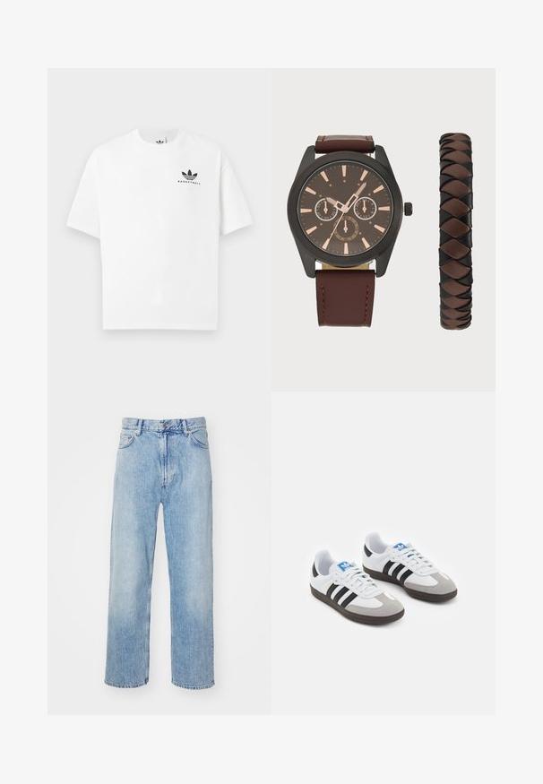 Weißes Baumwoll-T-Shirt mit kurzen Ärmeln, das ein schwarzes "BASKETBALL"-Logo und ein ikonisches Drei-Streifen-Design auf der Vorderseite aufweist.; Hellblaue Denim-Jeans mit geradem Bein, kontrastierenden Nähten, fünf Taschen und einem klassischen Knopfverschluss.; Sportschuhe mit einem Obermaterial aus weißem Leder, grauer Wildleder-Zehenkappe und drei schwarzen Streifen. Sie verfügen über ein blaues Logo auf der Zunge und eine strukturierte Gummisohle.; Pier One SET - Uhr - black/brown