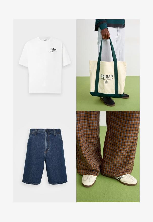 Hvit bomull T-skjorte med kort erm, med en svart "BASKETBALL" logo og ikonisk tre-stripes design på framsiden.; Denimshorts i mørkeblå med rett snitt. Har gule sømmer og et klassisk fem-lommers design. Vanlig midje og nede kanter.; Brune og blå rutete vide bukser sammen med hvite sko med svarte detaljer og teksturerte såler, satt mot en grønn bakgrunn.; Person som holder en beige Adidas totebag med mørkegrønne håndtak, iført lysegrå bukser og svarte sneakers på grønt gulv.