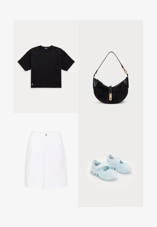 Melnā kokvilnas t-krekls ar īsām piedurknēm, apaļu kaklu un mazu baltu logo apakšējā kreisajā stūrī. Klasisks, taisnstūrveida piegriezums ar minimālu detaļu skaitu.; Balta kokvilnas denima svārki ar priekšējo pogu aizdari, sānu kabatām un taisnu siluetu, ar smalku tekstūru.; Gaišzili sporta apavi ar sieta audumu, izteikti izgriezumi zolē un Velcro siksna virsū, lai nodrošinātu drošu piestiprināšanu.; Melnā rokas soma ar izliekta formu, izgatavota no zamšādas un ādas, ar zelta toņa rāvējslēdzēju un logo detaļu. Iekļauta īsā rokturi.