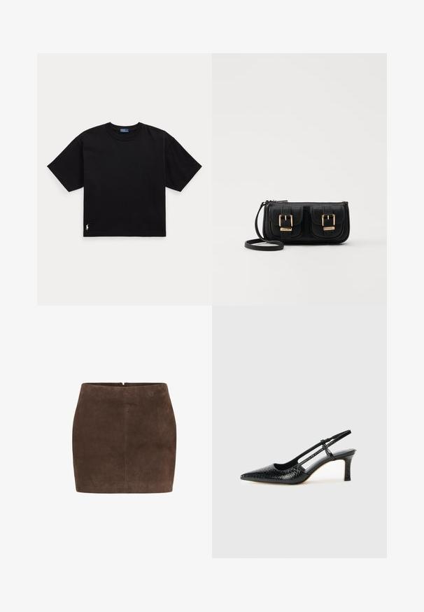 Juodas medvilnės marškinėliai trumpomis rankovėmis, apvaliu kaklu ir mažu baltu logotipu apatiniame kairiajame kampe. Klasikinis, dėžutės formos siluetas su minimaliu apdailos detalių skaičiumi.; Ruda suede mini sijonas su glotnia tekstūra, turintis paprastą dizainą, užtrauktuką nugaroje ir be papildomų papuošimų.; Juodai lakuoti slingback aukštakulniai su smailiu nosiu, su tekstūruotu gyvatės raštu, reguliuojama juosta ir trumpu, tekstūruotu blokiniu kulnu.; Juodas odinis per petį nešiojamas krepšys su dviem priekiniais kišenėmis, auksiniais sagtimis, užtrauktuko uždarymu ir siauromis petnešomis. Textūruota paviršius ir kompaktiškas stačiakampis formatas.