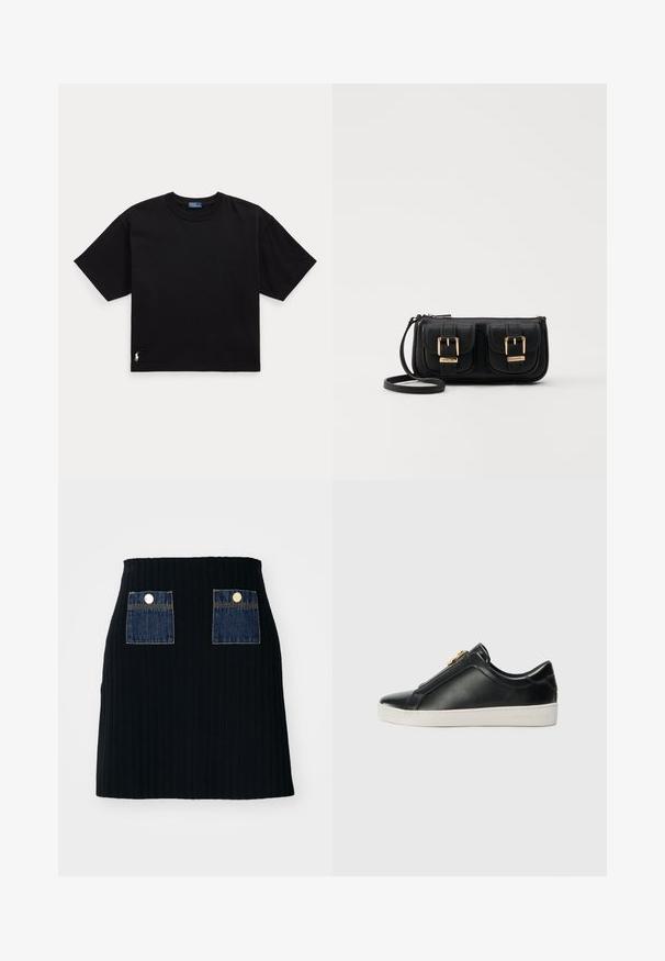 Melnā kokvilnas t-krekls ar īsām piedurknēm, apaļu kaklu un mazu baltu logo apakšējā kreisajā stūrī. Klasisks, taisnstūrveida piegriezums ar minimālu detaļu skaitu.; Melna ribota mini svārki ar pieguļošu jostasvietu, ar diviem zils denimam piešūtiem kabatām priekšā, dekorētiem ar sudraba pogām.; Melnas ādas slīdētājzābaki ar izceltiem šuvēm, sudraba aparatūras detaļām augšpusē un baltu gumijas zoli ar izceltiem zīmola elementiem.; Melnas ādas crossbody soma ar divām priekšējām kabatām, zelta sprādzēm, ar rāvējslēdzēju aizdari un šauru siksnu. Strukturēta virsma un kompakta taisnstūra forma.