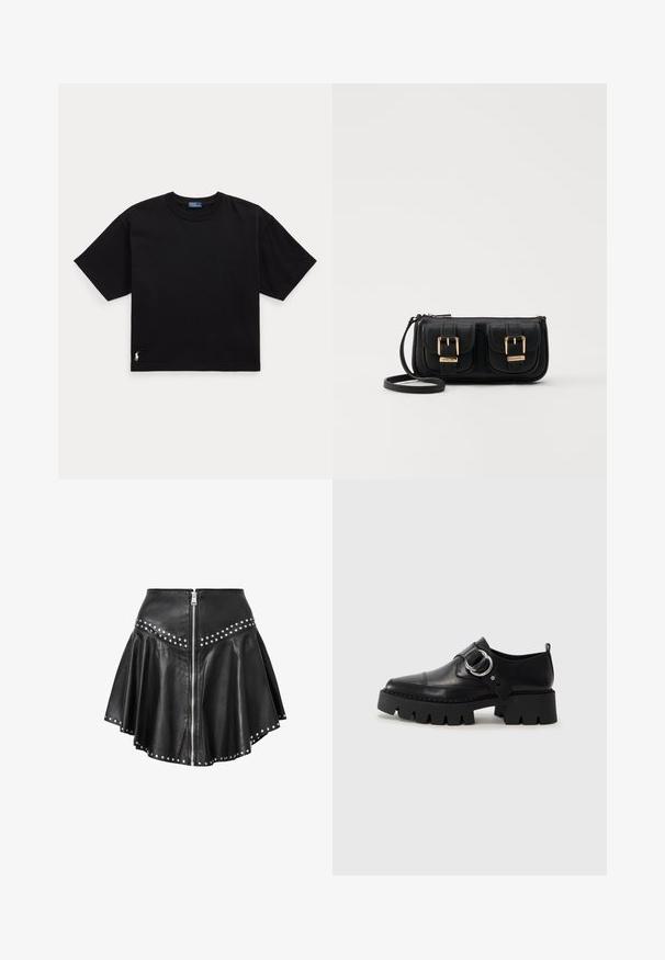 Tricou din bumbac negru, cu mâneci scurte, guler rotund și un mic logo alb în colțul din stânga jos. Croială clasică, pătrată, cu detalii minime.; Fustă mini din piele neagră, cu un design evazat, și cu cuie argintii pe tiv și talie, având închidere cu fermoar în față. Textură netedă pe întreaga suprafață.; Pantofi din piele neagră cu o talpă groasă, nervurată, având un accent circular din metalargintiu și un detaliu minim de cusătură.; Geantă neagră din piele, tip crossbody, cu două buzunare frontale, catarame aurii, închidere cu fermoar și o curea subțire. Suprafață texturată și formă rectangulară compactă.