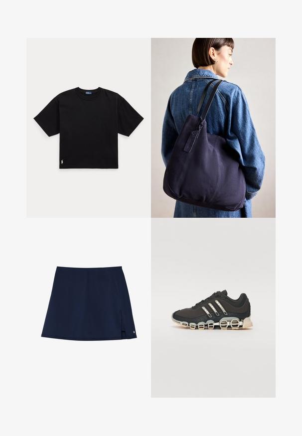 Must musta t-särk lühikeste varrukatega, ümar kaelus ja väike valge logo alumisel vasakul küljel. Klassikaline, kastikujuline lõige minimaalsete detailidega.; Tumesinine seelik kerge ja siledast kangast. Omab külgslitti ja väikest logo aktsenti esimeses paremas servas. A-line kuju.; Must have sportlik kingad musta värvi, millel on tekstuuriga pealisosa, kolm hõbedast triipu ja eristuv pehmendusnähtus, millel on mitmed integreeritud osad.; Tumesinise kangast õlalauk, millel on pehme, struktureeritud kuju, must rihm, tikandiga detailid ja väike brändi silt.
