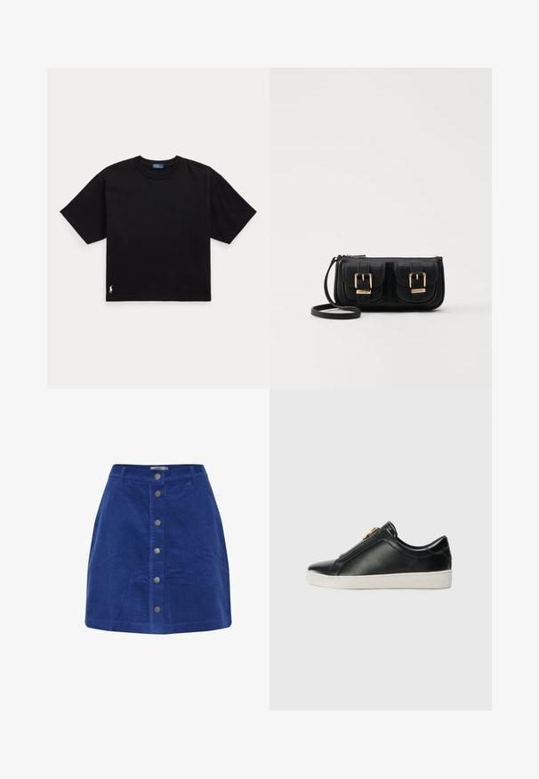 T-shirt en coton noir à manches courtes, col rond, avec un petit logo blanc en bas à gauche. Coupe classique, ample, avec un minimum de détails.; Jupe en velours côtelé bleu avec des rayures verticales, une forme droite et une fermeture à boutons sur le devant avec des accents métalliques.; Chaussures noires en cuir à enfiler avec une couture surélevée, détail en métal argenté sur le dessus, et une semelle en caoutchouc blanche avec un logo en relief.; Sac en cuir noir porté en travers avec deux poches avant, boucles dorées, fermeture zippée et une sangle fine. Surface texturée et forme rectangulaire compacte.