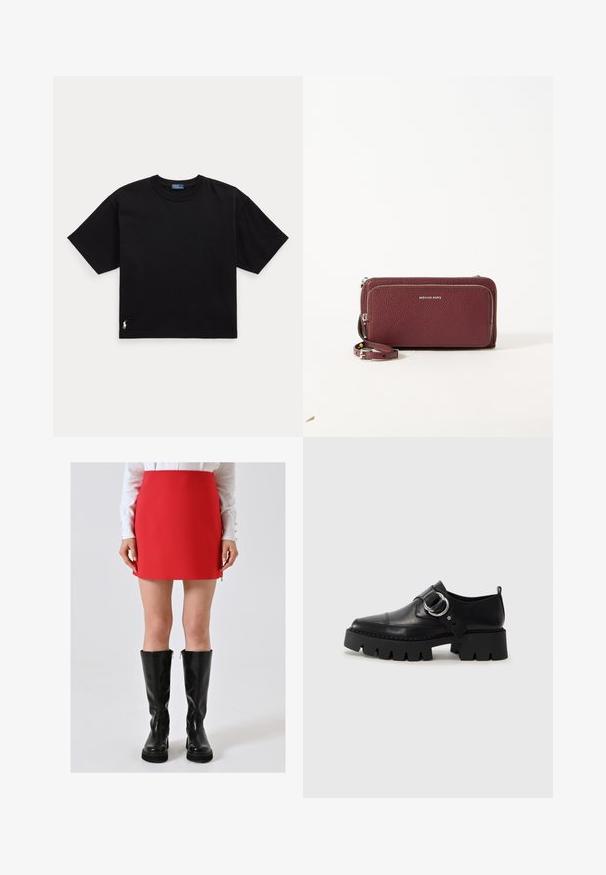 T-shirt en coton noir à manches courtes, col rond, avec un petit logo blanc en bas à gauche. Coupe classique, ample, avec un minimum de détails.; Femme portant une mini-jupe rouge associée à des bottes en cuir noir jusqu'aux genoux et un haut à manches longues blanc sur fond uni.; Chaussures noires en cuir avec une semelle épaisse et côtelée, présentant un accent en métal argenté circulaire et des détails de couture minimalistes.; Portefeuille en cuir bordeaux avec finition texturée, fermeture éclair, quincaillerie en métal argenté et bandoulière amovible. Présente un logo sur le devant.