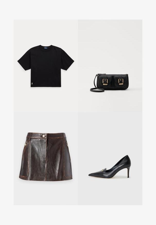 Zwarte katoenen T-shirt met korte mouwen, ronde hals en een klein wit logo op de linker benedenkant. Klassieke, rechte pasvorm met minimale details.; Bruine leren mini-rok met een slank ontwerp, twee ritszakken aan de zijkanten en contrasterende steken langs de randen.; Zwarte leren pump met een spitse neus, lage vamp en een decoratieve gouden accent. Voorzien van een stilettohak en een gladde textuur.; Zwarte leren schoudertas met twee vo pockets, gouden gespen, ritsluiting en een smalle band. Tekstuur oppervlak en compacte rechthoekige vorm.