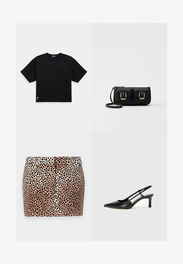 T-shirt en coton noir à manches courtes, col rond, avec un petit logo blanc en bas à gauche. Coupe classique, ample, avec un minimum de détails.; Jupe en tissu léopard avec une forme ajustée, fond beige et taches noires. Présente une taille plate et des détails de plis subtils à l'arrière.; Escarpin slingback en vernis noir avec un bout pointu, présentant un imprimé serpent texturé, une sangle réglable et un petit talon bloc texturé.; Sac en cuir noir porté en travers avec deux poches avant, boucles dorées, fermeture zippée et une sangle fine. Surface texturée et forme rectangulaire compacte.