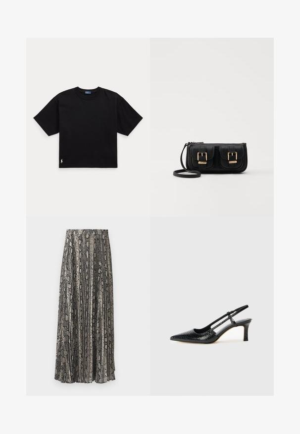 Črna bombažna majica s kratkimi rokavi, okroglo ovratnikom in majhnim belim logotipom na spodnjem levem delu. Klasična, kvadratna oblika z minimalnimi detajli.; Plisirana midi krila v vzorcu kače, v odtenkih sivo, črno in bež. Narejena iz lahkega materiala z elastičnim pasom.; Črne lakaste slingback pete s koničastim nosom, ki imajo teksturiran vzorec kačje kože, nastavljiv trak in kratek teksturiran blok peto.; Črna usnjena torbica čez ramo z dvema sprednjima žepoma, zlatimi zaponkami, zadrgo in ozkim pasom. Tekstura površine je strukturirana, obliko pa ima kompaktno pravokotno.; Zlato-tonirani kovinski uhani v obliki obroča s krivuljo in podolgovato obliko. Imajo gladko, sijočo površino in zaobljen vrh za dodaten detajl.