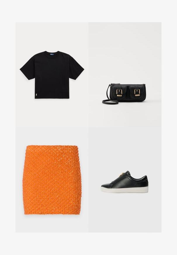 Juodas medvilnės marškinėliai trumpomis rankovėmis, apvaliu kaklu ir mažu baltu logotipu apatiniame kairiajame kampe. Klasikinis, dėžutės formos siluetas su minimaliu apdailos detalių skaičiumi.; Oranžinė mini sijonas su tekstūruota paviršiumi, puošta deimantų raštu, išblizgintais apvaliais karoliukais visame paviršiuje.; Juodos odinės slydimo bateliai su pakeltu siūlu, sidabrinėmis detalėmis ant viršaus ir baltu guminiais padais, kuris išsiskiria iškilmingu ženklinimu.; Juodas odinis per petį nešiojamas krepšys su dviem priekiniais kišenėmis, auksiniais sagtimis, užtrauktuko uždarymu ir siauromis petnešomis. Textūruota paviršius ir kompaktiškas stačiakampis formatas.
