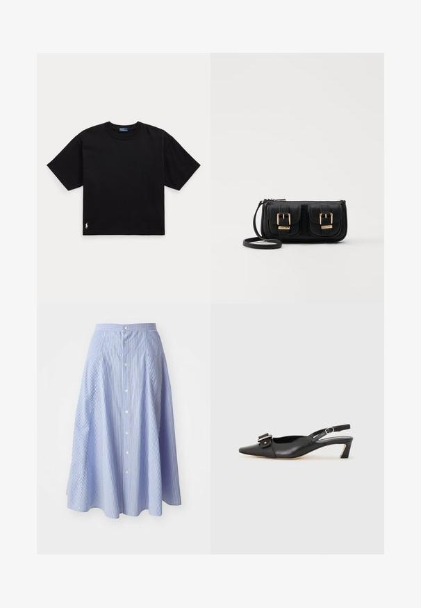 Melnā kokvilnas t-krekls ar īsām piedurknēm, apaļu kaklu un mazu baltu logo apakšējā kreisajā stūrī. Klasisks, taisnstūrveida piegriezums ar minimālu detaļu skaitu.; Gaiši zilā un baltā krāsā svītrota pogājama svārku kleita. Audums izskatās viegls ar gludu tekstūru; ceļgalu garums ar izplestu dizainu.; Melnas ādas siksnu kurpes ar smailu pirkstu, nelielu papēdi un dekoratīvu sprādzi augšdaļā. Gluda tekstūra, minimālistisks dizains.; Melnas ādas crossbody soma ar divām priekšējām kabatām, zelta sprādzēm, ar rāvējslēdzēju aizdari un šauru siksnu. Strukturēta virsma un kompakta taisnstūra forma.