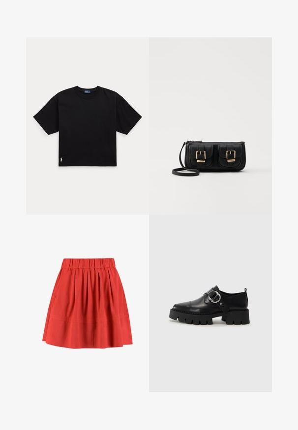 Čierne bavlnené tričko s krátkymi rukávmi, okrúhlym výstrihom a malým bielym logom v dolnom ľavom rohu. Klasický, voľný strih s minimalistickým designom.; Moves KIA - Skladaná sukňa - mineral red; Čierne kožené topánky s hrubou, rebrovanou podrážkou, vyznačujúce sa okrúhlou striebornou kovovou ozdobou a minimálnym prešívaním.; Čierna kožená crossbody taška s dvoma prednými vreckami, zlatými sponami, zipsovým uzatváraním a úzkym popruhom. Štruktúrovaný povrch a kompaktný obdĺžnikový tvar.