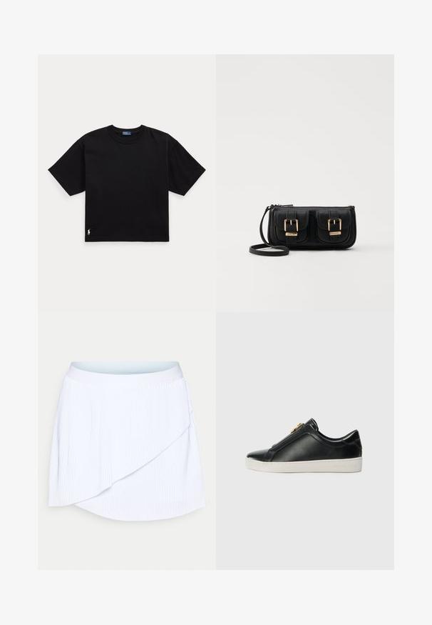 Camiseta preta de algodão com mangas curtas, decote redondo e um pequeno logótipo branco na parte inferior esquerda. Ajuste clássico e descontraído, com detalhes mínimos.; Saia plissada branca com um design em Camadas, apresentando um cós liso e uma bainha curvada, feita de tecido leve.; Sapatos pretos de pele, de calçar, com uma costura elevada, detalhe em metal prateado na parte superior e uma sola de borracha branca com uma marcação em relevo.; Bolsa de ombro em couro preto com dois bolsos frontais, fivelas douradas, fecho de zíper e uma alça fina. Superfície texturizada e forma retangular compacta.