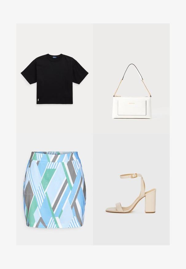 Camiseta de algodón negra con mangas cortas, cuello redondo y un pequeño logo blanco en la parte inferior izquierda. Ajuste clásico y cuadrado con mínimos detalles.; Falda corta y colorida con patrones geométricos en azul, verde y gris. Presenta una cintura ajustada y un diseño de corte recto.; Sandalia de tacón alto beige con punta cuadrada, tira delgada en el tobillo y tacón ancho. Textura de cuero suave con un detalle de hebilla dorada.; Bolso de mano de cuero blanco con un acabado texturizado, que cuenta con una correa de cadena dorada y acentos negros. Incluye un bolsillo frontal y cierre de cremallera.