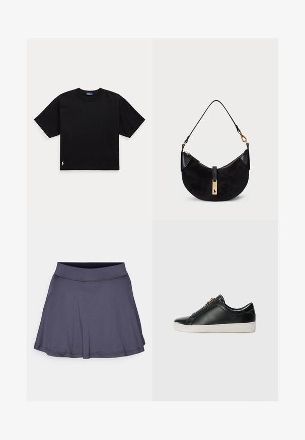 Camiseta preta de algodão com mangas curtas, decote redondo e um pequeno logótipo branco na parte inferior esquerda. Ajuste clássico e descontraído, com detalhes mínimos.; Skort leve, cinza-escuro, com bainha rodada, cintura elástica e textura suave. Sem padrões ou detalhes visíveis.; Sapatos pretos de pele, de calçar, com uma costura elevada, detalhe em metal prateado na parte superior e uma sola de borracha branca com uma marcação em relevo.; Mala preta com forma curve, feita de camurça e couro, com um fecho de correr dourado e um detalhe com o logótipo. Inclui uma alça curta.