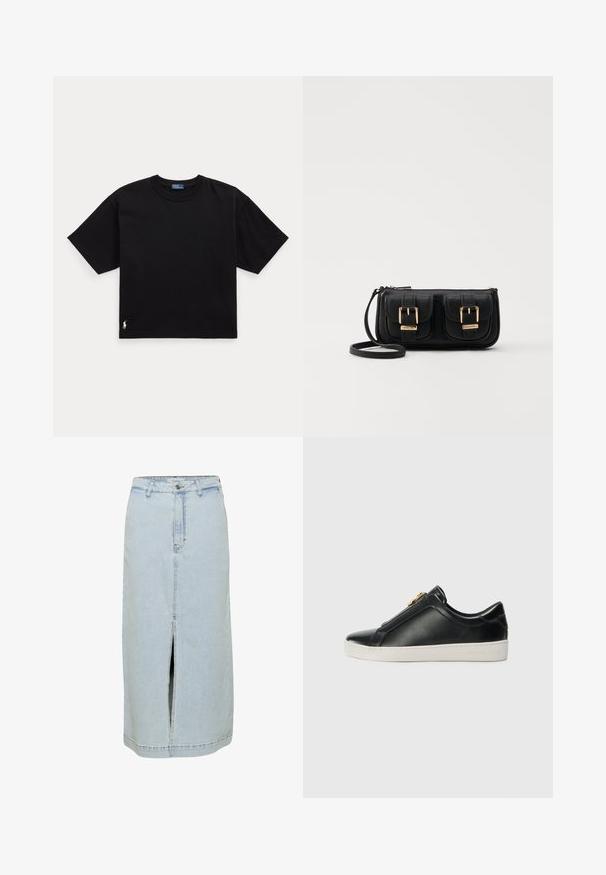 Maglietta nera in cotone a maniche corte, colletto rotondo e un piccolo logo bianco in basso a sinistra. Fit classico e boxy con dettagli minimi.; Gonna in denim di colore azzurro chiaro, a taglio dritto, fino al ginocchio con uno spacco anteriore, passanti per cintura e chiusura a bottone in vita.; Scarpe slip-on in pelle nera con cucitura sollevata, dettaglio in metallo argentato sulla parte superiore e suola in gomma bianca con marchio impresso.; Borsa a tracolla nera in pelle con due tasche frontali, fibbie dorate, chiusura con zip e una tracolla sottile. Superficie texturizzata e forma rettangolare compatta.