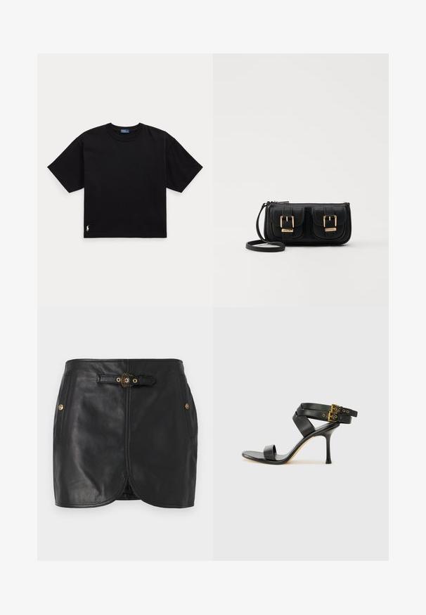 Fekete pamut póló rövid ujjal, kerek nyakkal és egy kis fehér logóval az alsó bal oldalon. Klasszikus, dobozos szabás minimális részletezéssel.; Fekete bőrszoknya testhezálló fazonnal, egyenes szabással, arany színű fém kiegészítőkkel, oldalsó zsebekkel és övvel díszített derékrésszel.; Fekete magassarkú szandál keresztpántos dizájnnal és állítható csattal. Simább felülettel és hegyes tűsarkúval rendelkezik.; Fekete bőr keresztbody táska két elülső zsebbel, arany csattokkal, cipzáras záródással és vékony pánttal. Textúrált felület és kompakt téglalap alak.