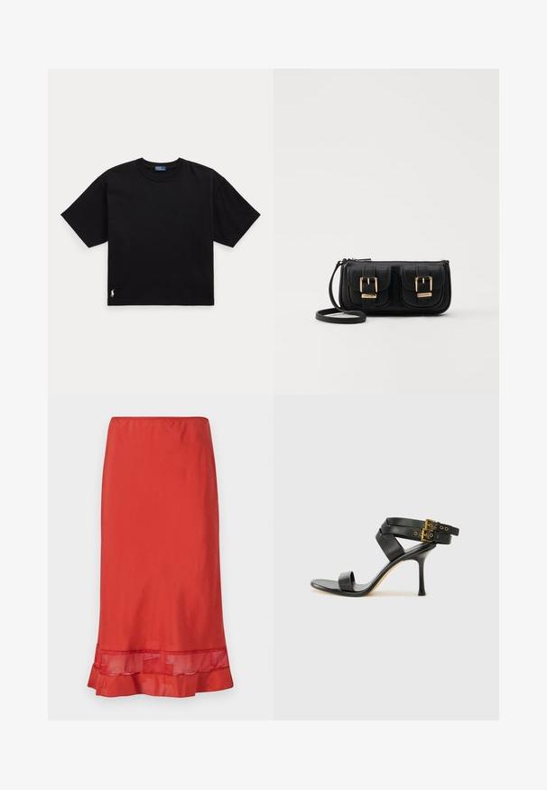 Maglietta nera in cotone a maniche corte, colletto rotondo e un piccolo logo bianco in basso a sinistra. Fit classico e boxy con dettagli minimi.; Gonna rossa realizzata in tessuto liscio, con un accento in rete all'orlo. La gonna ha una silhouette aderente con un bordo inferiore arricciato.; Sandal nero con tacco a spillo, straps incrociati e fibbia regolabile. Presenta una texture liscia e un tacco affusolato.; Borsa a tracolla nera in pelle con due tasche frontali, fibbie dorate, chiusura con zip e una tracolla sottile. Superficie texturizzata e forma rettangolare compatta.