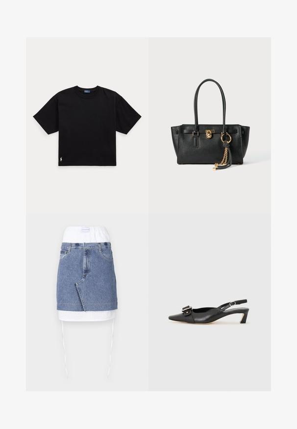 Tricou din bumbac negru, cu mâneci scurte, guler rotund și un mic logo alb în colțul din stânga jos. Croială clasică, pătrată, cu detalii minime.; Fustă din denim cu un corp albastru, talie perforată albă și șnururi de ajustare. Prezintă buzunare frontale și un croi drept cu margine brută.; Pantofii negri din piele cu toc mic, vârf ascuțit și detaliu decorativ cu cataramă pe partea superioară. Textură netedă, design minimal.; Geantă de mână din piele neagră cu mânere duble, lacăt aurit și detalii cu lanț, împreună cu un accesoriu cu ciucuri alb-negru, pe fond alb.
