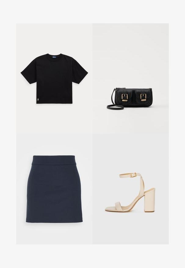 Tricou din bumbac negru, cu mâneci scurte, guler rotund și un mic logo alb în colțul din stânga jos. Croială clasică, pătrată, cu detalii minime.; Fustă mini bleumarin, realizată dintr-un material elastic, cu o textură netedă, design slim și un brâu lat cu detalii de cusătură curate.; Sandalie bej cu toc înalt, cu vârf pătrat, curea subțire în jurul gleznei și toc bloc. Textură de piele netedă cu detalii din cataramă aurie.; Geantă neagră din piele, tip crossbody, cu două buzunare frontale, catarame aurii, închidere cu fermoar și o curea subțire. Suprafață texturată și formă rectangulară compactă.