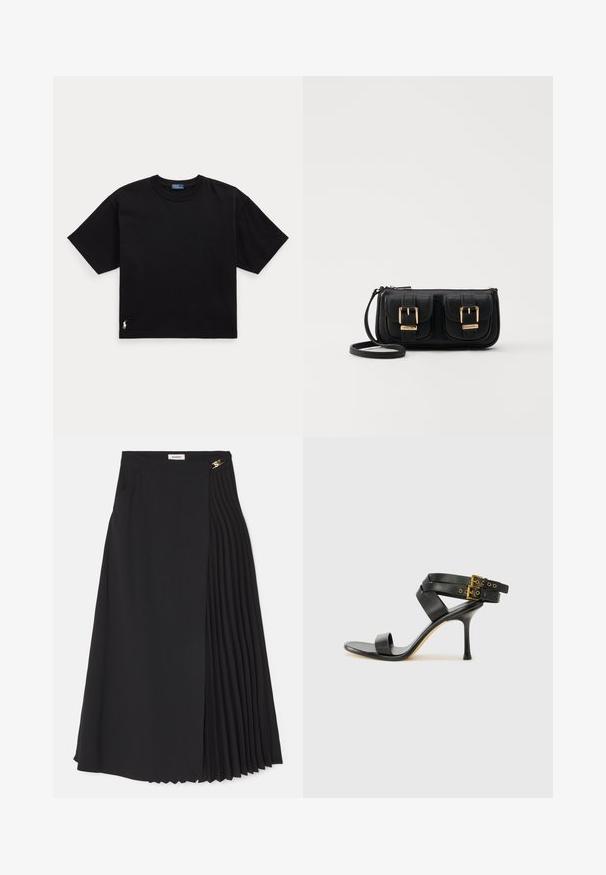 Schwarzes Baumwoll-T-Shirt mit kurzen Ärmeln, Rundhalsausschnitt und kleinem weißen Logo unten links. Klassische, kastige Passform mit minimaler Detailgestaltung.; Schwarze Midirock mit Plissee-Design auf einer Seite, aus leichtem Stoff gefertigt, mit unsichtbarem Reißverschluss und Seitentaschen.; Schwarze Absatzsandale mit gekreuzten Riemen und verstellbarem Schnallenverschluss. Sie verfügt über eine glatte Textur und einen schmalen Stiletto-Absatz.; Schwarze Leder-Umhängetasche mit zwei vorderen Taschen, goldenen Schnallen, Reißverschluss und einem schmalen Tragegurt. Texturierte Oberfläche und kompakte rechteckige Form.