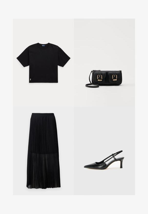 Musta puuvillapaita lyhyillä hihoilla, pyöreällä kaula-aukolla ja pienellä valkoisella logolla vasemmassa alareunassa. Klassinen, laatikkomainen malli, jossa on minimaalista yksityiskohtaisuutta.; Mustan laskostetun midihameen, jossa on sileä, joustava vyötärönauha ja läpikuultava päällyskangas, jossa on hienoja pystylaskoksia koko kankaan ajan.; Musta patent slingback-kiilakorko teräväkärkisellä muotoilulla, jossa on teksturoitu käärmeennahkakuosi, säädettävä remmi ja lyhyt, teksturoitu blokkiheel.; Musta nahkainen olkalaukku, jossa on kaksi etutaskua, kultaiset soljet, vetoketjukiinnitys ja kapea hihna. Teksturoidun pinnan ja kompaktin suorakaiteen muoto.