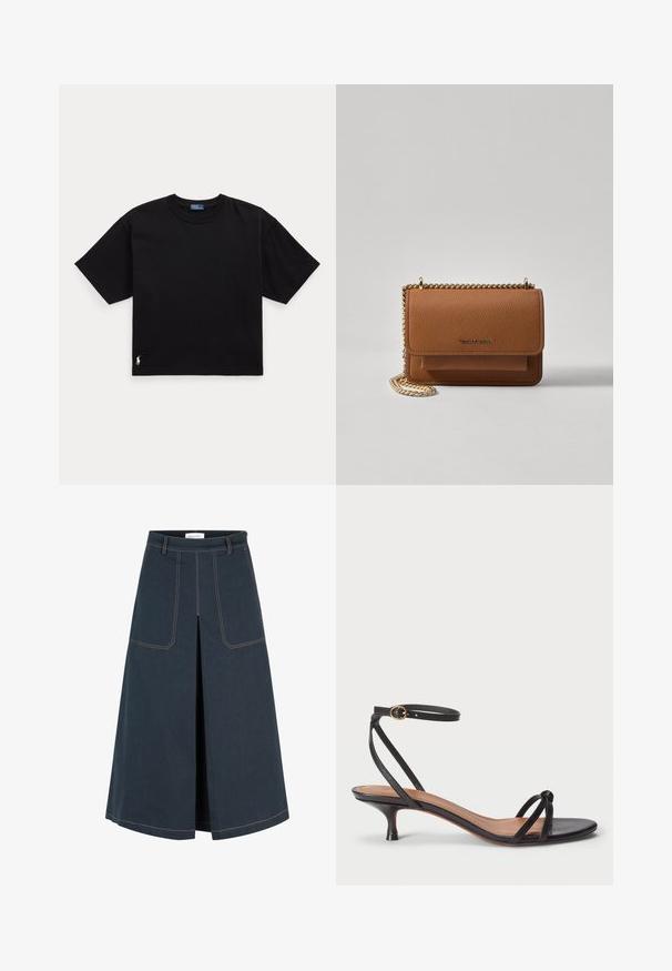 Črna bombažna majica s kratkimi rokavi, okroglo ovratnikom in majhnim belim logotipom na spodnjem levem delu. Klasična, kvadratna oblika z minimalnimi detajli.; Temno modra krila s ravno silhueto, dvema sprednjima žepoma in sprednjim razporkom. Ima kontrastne oranžne šive ob šivih.; Polo Ralph Lauren LEATHER KITTEN-HEEL SANDAL - Klasične pete - black; Rjava teksturirana usnjena torba čez ramo z zlatim verižnim trakom in zapiranjem na pokrov. Spredaj je vidna podrobnost logotipa in žep pod pokrovom.