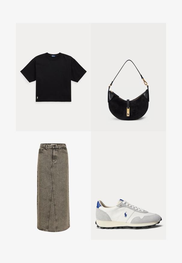 Must musta t-särk lühikeste varrukatega, ümar kaelus ja väike valge logo alumisel vasakul küljel. Klassikaline, kastikujuline lõige minimaalsete detailidega.; Faded mustrina denim seelik otse lõikega, nähtava õmblusega ja esise lõhiku. Omab standardset vööd ja vöörihmade laskurit.; Valge ja hall spordijalats, millel on nahk ja võrgumaterjal, sinise kannaaktsendiga ja hall kummitald. Logo on näha küljel.; Must värvusega kott, millel on kumer kuju, valmistatud sametist ja nahast, millel on kuldse tooni tõmblukk ja logo detail. Kaasas lühike sang.