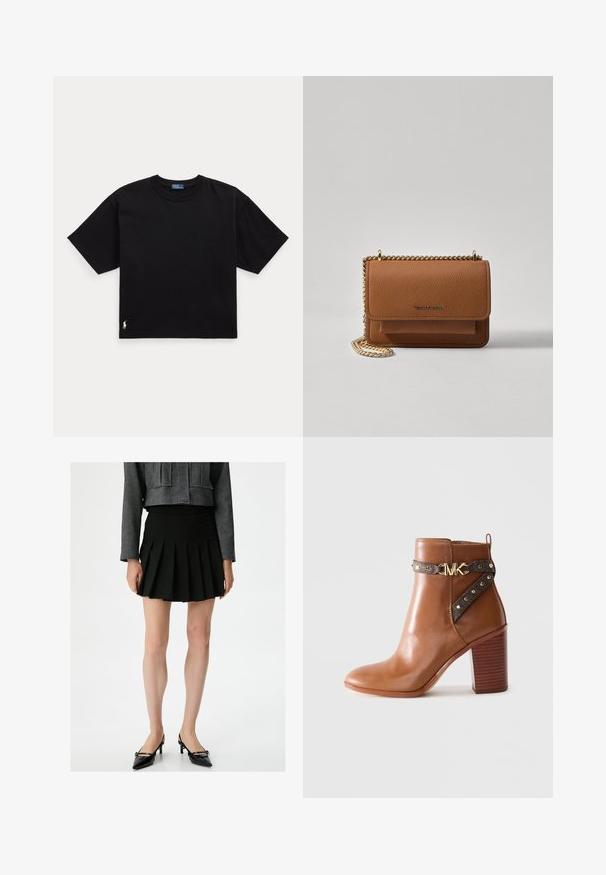 Schwarzes Baumwoll-T-Shirt mit kurzen Ärmeln, Rundhalsausschnitt und kleinem weißen Logo unten links. Klassische, kastige Passform mit minimaler Detailgestaltung.; Schwarze, plissierte Rock mit einer glatten Textur. Kombiniert mit einer kurzen, grauen Texturjacke und schwarzen, spitzen Absätzen. Einfaches, klassisches Design.; Braunes Leder-Stiefelette mit gestapeltem Blockabsatz, seitlichem Riemen mit goldenen Nieten und einer goldenen "MK"-Logo-Schnalle.; Braune strukturierte Ledertasche mit goldener Kettenriemen und Klappenverschluss. Die Vorderseite zeigt ein Logo-Detail und eine Tasche unter der Klappe.