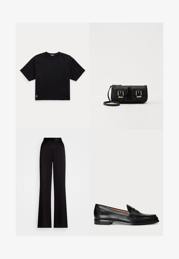 Czarny bawełniany t-shirt z krótkim rękawem, okrągłym dekoltem i małym białym logo w lewym dolnym rogu. Klasyczny, prostokątny krój z minimalnymi detalami.; Czarne rozszerzane spodnie wykonane z gładkiego materiału, z wysokim stanem i pełną długością. Brak widocznych wzorów lub akcentów.; Lauren Ralph Lauren WYNNIE czarny; Czarna skórzana torba na ramię z dwoma przednimi kieszeniami, złotymi klamrami, zamkiem błyskawicznym i cienkim paskiem. Teksturowana powierzchnia i kompaktowy prostokątny kształt.
