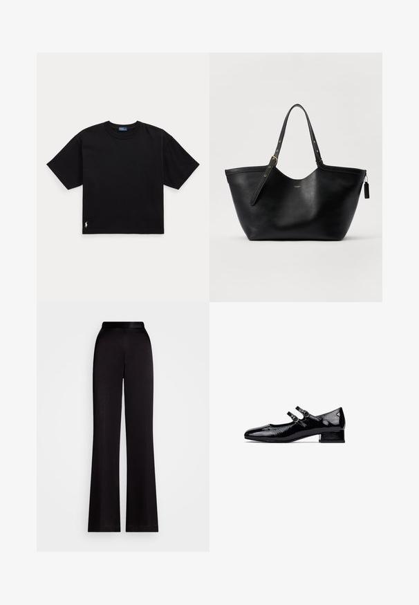 Czarny bawełniany t-shirt z krótkim rękawem, okrągłym dekoltem i małym białym logo w lewym dolnym rogu. Klasyczny, prostokątny krój z minimalnymi detalami.; Czarne rozszerzane spodnie wykonane z gładkiego materiału, z wysokim stanem i pełną długością. Brak widocznych wzorów lub akcentów.; Czarne lakierowane buty typu Mary Jane na niskim obcasie blokowym, z podwójnym zapięciem i okrągłymi metalowymi klamrami. Gładka, błyszcząca powierzchnia.; Czarna skórzana torba na ramię o sztywnym kształcie, z podwójnymi uchwytami i złotymi akcentami. Posiada gładką teksturę oraz dekoracyjną metkę.