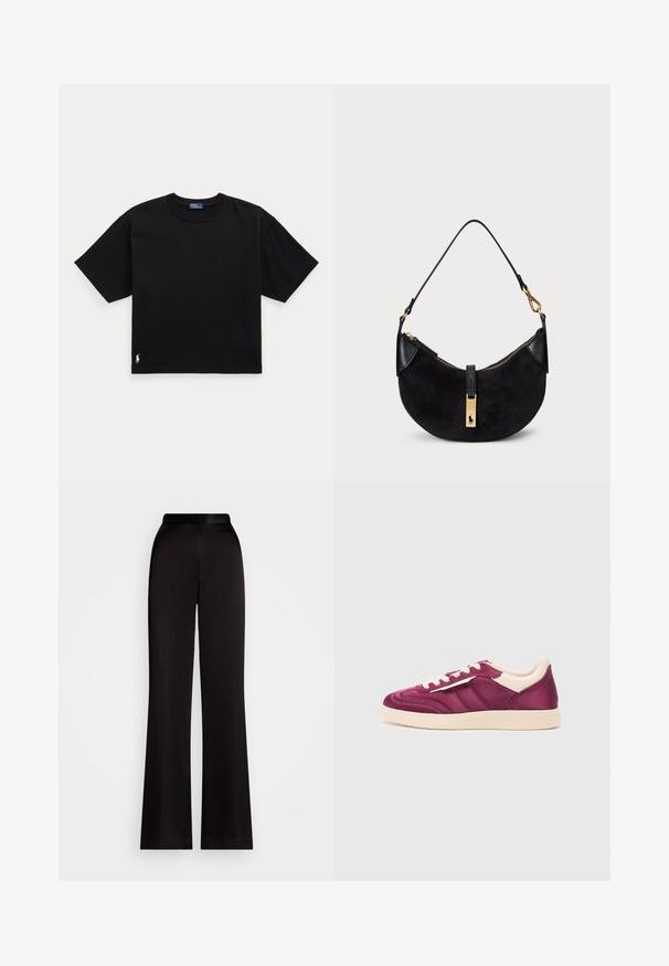 Sort bomulds T-shirt med korte ærmer, rund hals og et lille hvidt logo i nederste venstre hjørne. Klassisk, boxy pasform med minimal detaljering.; Sorte flagrende bukser lavet af et glat stof, med en høj talje og lang længde. Ingen synlige mønstre eller accenter.; Lilla lædersneaker med beige detaljer, som har en rund toe, snørebånd foran og sidestriber. Tekstureret finish på overdelen.; Sort håndtaske med en kurvet form, lavet af ruskind og læder, med en lynlås i guldfarve og logo-detalje. Inkluderer et kort håndtag.