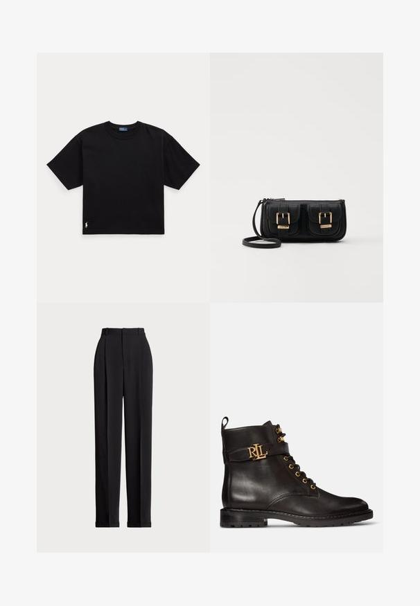 Black cotton t-shirt with short sleeves, round neck, and a small white logo on the bottom left. Classic, boxy fit with minimal detailing.; Black tailored trousers with a high waist, featuring pleats at the front, a straight leg design, and a cuffed hem. Made from smooth fabric.; Black leather ankle boot with gold hardware, lace-up front, and a decorative strap featuring an embossed logo. Treaded rubber sole.; Black leather crossbody bag with two front pockets, gold buckles, zipper closure, and a slim strap. Textured surface and compact rectangular shape.