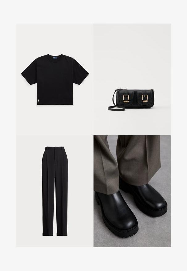 Sort bomulds T-shirt med korte ærmer, rund hals og et lille hvidt logo i nederste venstre hjørne. Klassisk, boxy pasform med minimal detaljering.; Sorte skrædderbukser med høj talje, der har folder fortil, en lige benlængde og ombukket kant. Lavet af glat stof.; Sorte læder ankelstøvler med en kraftig gummisål, glat overflade, rund tå og minimal detaljer. Sammen med lysegrå bukser.; Sort læder crossbody taske med to frontlommer, guldspænder, lynlåslukning og en slank rem. Struktureret overflade og kompakt rektangulær form.