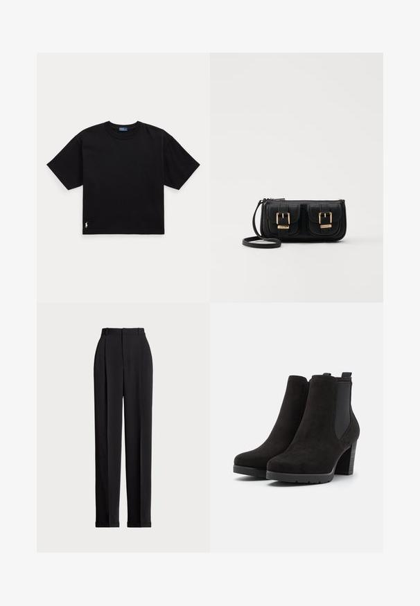 Must musta t-särk lühikeste varrukatega, ümar kaelus ja väike valge logo alumisel vasakul küljel. Klassikaline, kastikujuline lõige minimaalsete detailidega.; Mustad kohandatud püksid kõrge vöökohtaga, ees plisseeritud, sirge sääre disainiga ja mansetiga hem. Valmistatud sileda kangaga.; Mustad mustad külgedega ankle talvesaapad, ümar varvas ja paks kand. Struktuurne pind ja siledad aktsendid kandadel.; Must küllastamata nahast õlakott, millel on kaks esist nähtavat taskut, kuldsed pandlad, tõmblukuga sulgemine ja peen rihm. Tekstuuriga pind ja kompaktne ristkülikukujuline kuju.