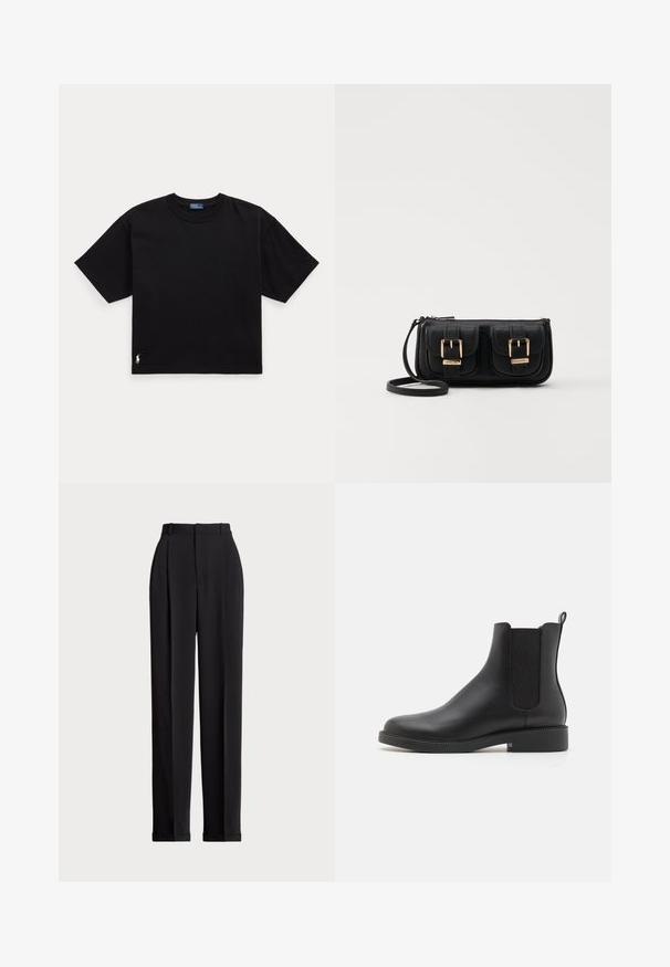 Schwarzes Baumwoll-T-Shirt mit kurzen Ärmeln, Rundhalsausschnitt und kleinem weißen Logo unten links. Klassische, kastige Passform mit minimaler Detailgestaltung.; Schwarze, taillierte Hose mit hoher Taille, mit Falten vorne, geradem Bein-Design und umgeschlagenem Saum. Aus glattem Stoff gefertigt.; Schwarze Lederknöchelstiefel mit elastischen seitlichen Einsätzen, runder Spitze, niedrigem Blockabsatz und einer Schlaufe an der Rückseite für einfaches Anziehen.; Schwarze Leder-Umhängetasche mit zwei vorderen Taschen, goldenen Schnallen, Reißverschluss und einem schmalen Tragegurt. Texturierte Oberfläche und kompakte rechteckige Form.