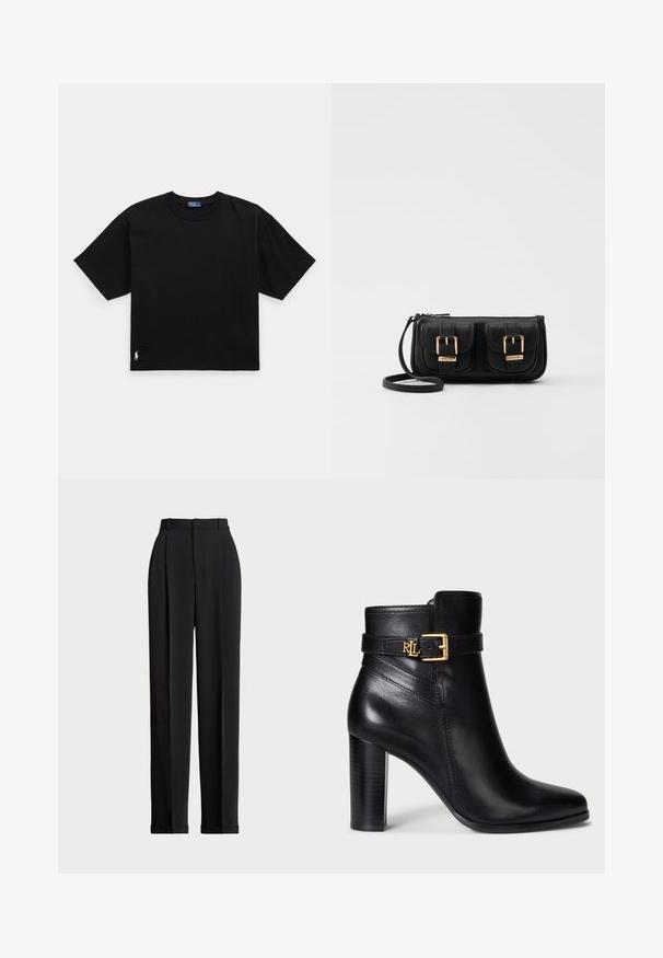 Črna bombažna majica s kratkimi rokavi, okroglo ovratnikom in majhnim belim logotipom na spodnjem levem delu. Klasična, kvadratna oblika z minimalnimi detajli.; Črne krojene hlače z visokim pasom, z naborki spredaj, ravnim krojem in manšetami na koncu. Narejene iz gladkega materiala.; Črne usnjene gležnjarje z leskom, s koničastim nosom in z zlatim zaponko na paščku. Imajo tudi visoko kupolasto peto.; Črna usnjena torbica čez ramo z dvema sprednjima žepoma, zlatimi zaponkami, zadrgo in ozkim pasom. Tekstura površine je strukturirana, obliko pa ima kompaktno pravokotno.