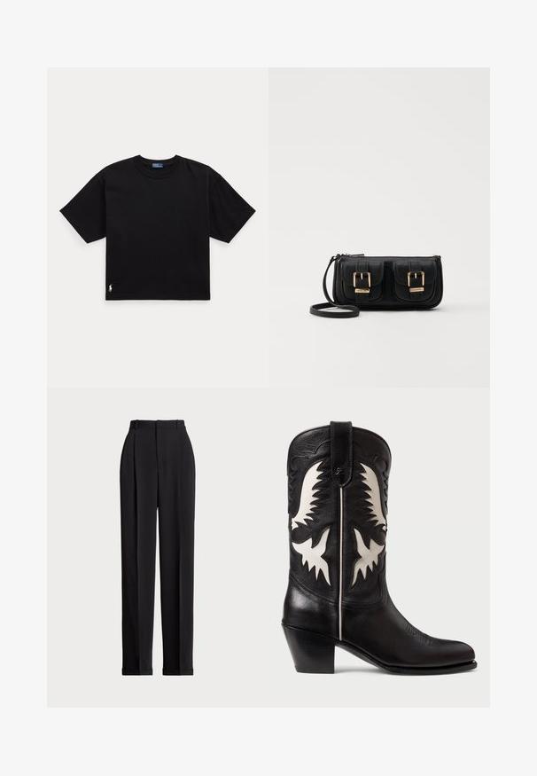 Črna bombažna majica s kratkimi rokavi, okroglo ovratnikom in majhnim belim logotipom na spodnjem levem delu. Klasična, kvadratna oblika z minimalnimi detajli.; Črne krojene hlače z visokim pasom, z naborki spredaj, ravnim krojem in manšetami na koncu. Narejene iz gladkega materiala.; Črne usnjene kavbojke z belimi oglatimi poudarki, ki vključujejo dekorativno šivanje, napet prst in nizko skladano peto.; Črna usnjena torbica čez ramo z dvema sprednjima žepoma, zlatimi zaponkami, zadrgo in ozkim pasom. Tekstura površine je strukturirana, obliko pa ima kompaktno pravokotno.