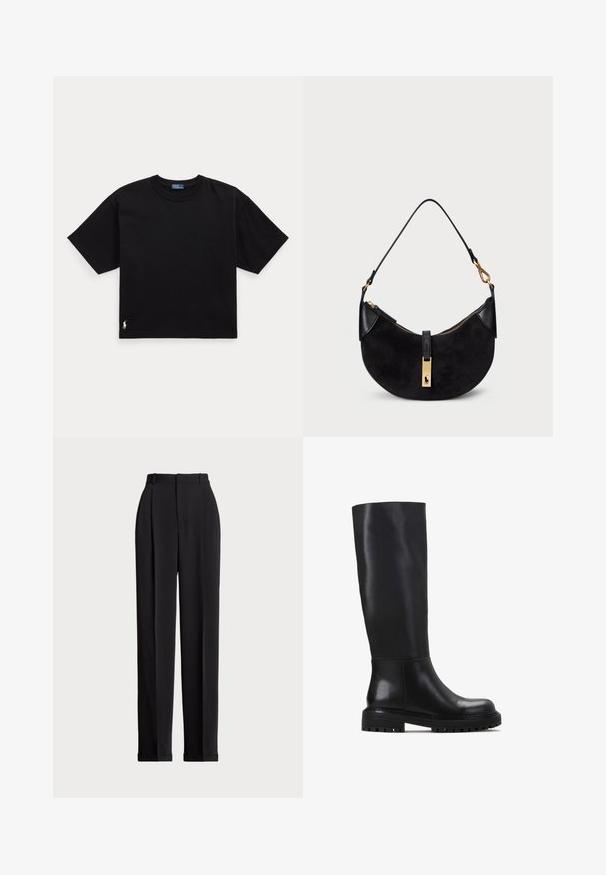 Must musta t-särk lühikeste varrukatega, ümar kaelus ja väike valge logo alumisel vasakul küljel. Klassikaline, kastikujuline lõige minimaalsete detailidega.; Mustad kohandatud püksid kõrge vöökohtaga, ees plisseeritud, sirge sääre disainiga ja mansetiga hem. Valmistatud sileda kangaga.; Mustad mustemed säärte kõrgused saapad, mis on valmistatud siledast nahast. Omavad ümarat varvast, tugevat soonelist tallat ja minimalistikku disaini.; Must värvusega kott, millel on kumer kuju, valmistatud sametist ja nahast, millel on kuldse tooni tõmblukk ja logo detail. Kaasas lühike sang.