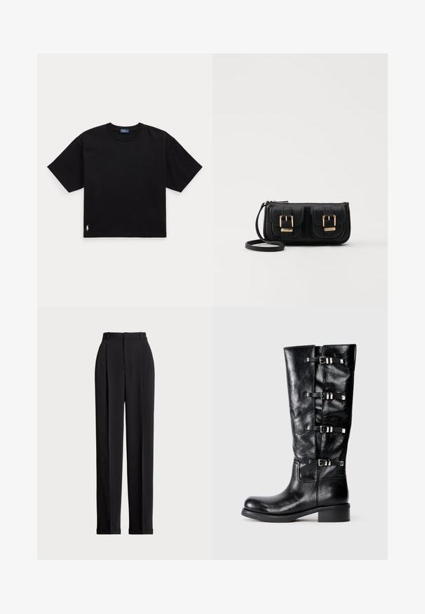 Tricou din bumbac negru, cu mâneci scurte, guler rotund și un mic logo alb în colțul din stânga jos. Croială clasică, pătrată, cu detalii minime.; Pantaloni negri, croiți pe măsură, cu talie înaltă, cu plii în față, design cu picior drept și tiv manșetat. Confecționați dintr-un material neted.; Cizma din piele neagră, până la genunchi, cu vârf rotunjit, având trei curele decorative cu catarame metalice și un toc mic. Textură netedă.; Geantă neagră din piele, tip crossbody, cu două buzunare frontale, catarame aurii, închidere cu fermoar și o curea subțire. Suprafață texturată și formă rectangulară compactă.