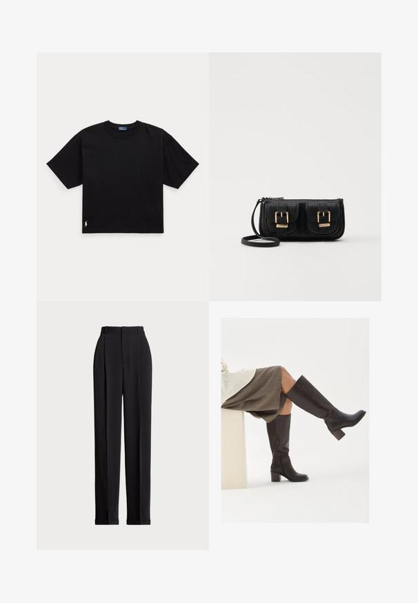 Tricou din bumbac negru, cu mâneci scurte, guler rotund și un mic logo alb în colțul din stânga jos. Croială clasică, pătrată, cu detalii minime.; Pantaloni negri, croiți pe măsură, cu talie înaltă, cu plii în față, design cu picior drept și tiv manșetat. Confecționați dintr-un material neted.; Cizme din piele maro, până la genunchi, cu vârf pătrat, toc masiv și fermoar pe lateral. Textură netedă cu un finisaj lucios.; Geantă neagră din piele, tip crossbody, cu două buzunare frontale, catarame aurii, închidere cu fermoar și o curea subțire. Suprafață texturată și formă rectangulară compactă.