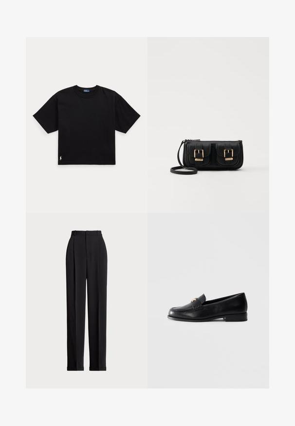 Sort bomulds T-shirt med korte ærmer, rund hals og et lille hvidt logo i nederste venstre hjørne. Klassisk, boxy pasform med minimal detaljering.; Sorte skrædderbukser med høj talje, der har folder fortil, en lige benlængde og ombukket kant. Lavet af glat stof.; Sort læder loafers med lav hæl og guld dekoreret emblem på remmen, præsenteret på en ensfarvet lys grå baggrund.; Sort læder crossbody taske med to frontlommer, guldspænder, lynlåslukning og en slank rem. Struktureret overflade og kompakt rektangulær form.