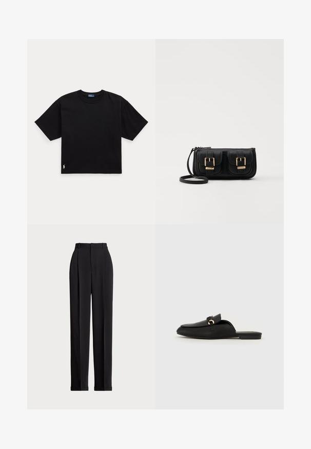 Črna bombažna majica s kratkimi rokavi, okroglo ovratnikom in majhnim belim logotipom na spodnjem levem delu. Klasična, kvadratna oblika z minimalnimi detajli.; Črne krojene hlače z visokim pasom, z naborki spredaj, ravnim krojem in manšetami na koncu. Narejene iz gladkega materiala.; Črne zloženke iz gladkega usnja. Imajo okroglo konico, okrasno tkano zaponko in majhen zlati poudarek. Ravno podplat.; Črna usnjena torbica čez ramo z dvema sprednjima žepoma, zlatimi zaponkami, zadrgo in ozkim pasom. Tekstura površine je strukturirana, obliko pa ima kompaktno pravokotno.