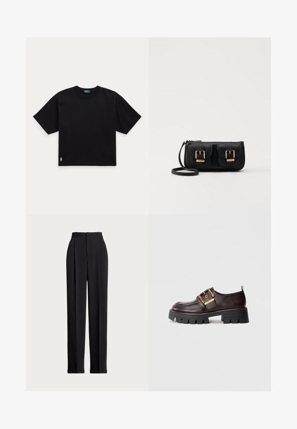 Black cotton t-shirt with short sleeves, round neck, and a small white logo on the bottom left. Classic, boxy fit with minimal detailing.; Black tailored trousers with a high waist, featuring pleats at the front, a straight leg design, and a cuffed hem. Made from smooth fabric.; Brown leather shoe with a chunky black sole, features a large gold buckle and smooth texture, designed with a rounded toe.; Black leather crossbody bag with two front pockets, gold buckles, zipper closure, and a slim strap. Textured surface and compact rectangular shape.