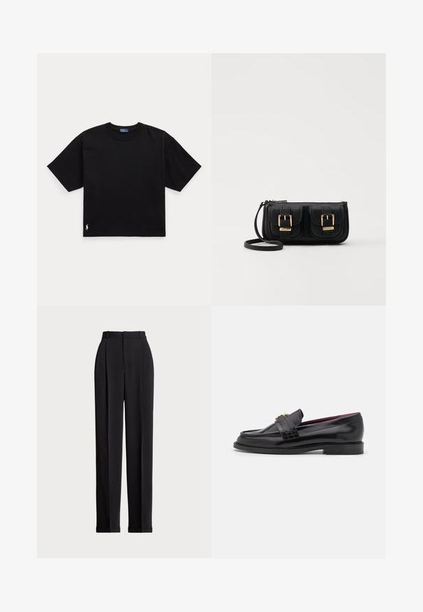 Maglietta nera in cotone a maniche corte, colletto rotondo e un piccolo logo bianco in basso a sinistra. Fit classico e boxy con dettagli minimi.; Pantaloni neri su misura a vita alta, con pieghe frontali, design a gamba dritta e orlo con risvolto. Realizzati in tessuto morbido.; Mocassini neri in pelle con un motivo cucito, texture liscia, dettaglio con fibbia dorata e punta arrotondata, posizionati su una suola bassa nera.; Borsa a tracolla nera in pelle con due tasche frontali, fibbie dorate, chiusura con zip e una tracolla sottile. Superficie texturizzata e forma rettangolare compatta.